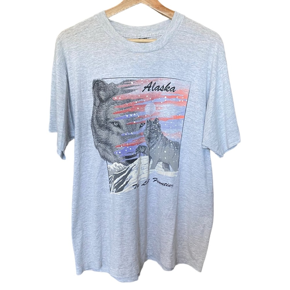 Vintage 90s Alaska Wolf The Last Frontier Single Stitch Gray Shirt Mens Medium ?